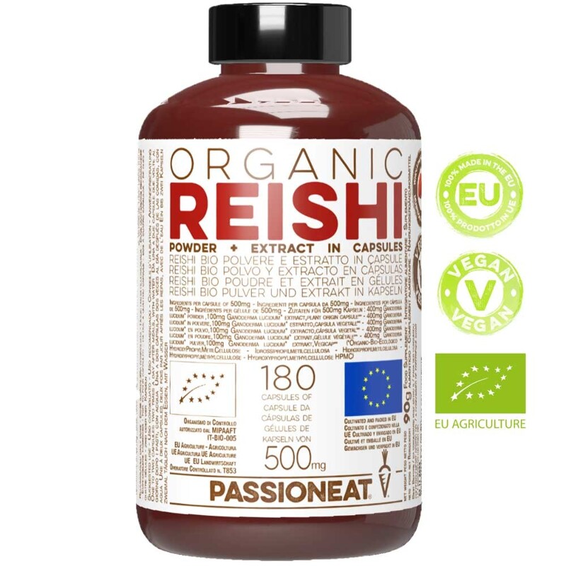 Reishi Ganoderma lucidum fungo Bio europeo - polvere e estratto - 180 capsule veg da 500mg