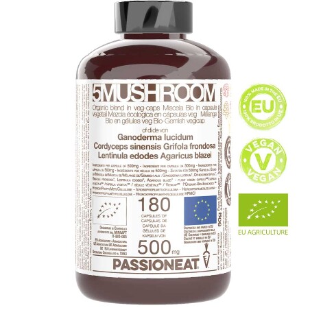 5MUSHROOM Miscela Bio in Capsule Veg di Ganoderma Cordyceps Grifola Lentinula Agaricus - 180 Capsule da 500mg