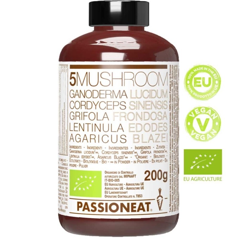 5MUSHROOM Mix di funghi europei Reishi Cordyceps Maitake Shiitake e Agaricus Bio - 200g polvere