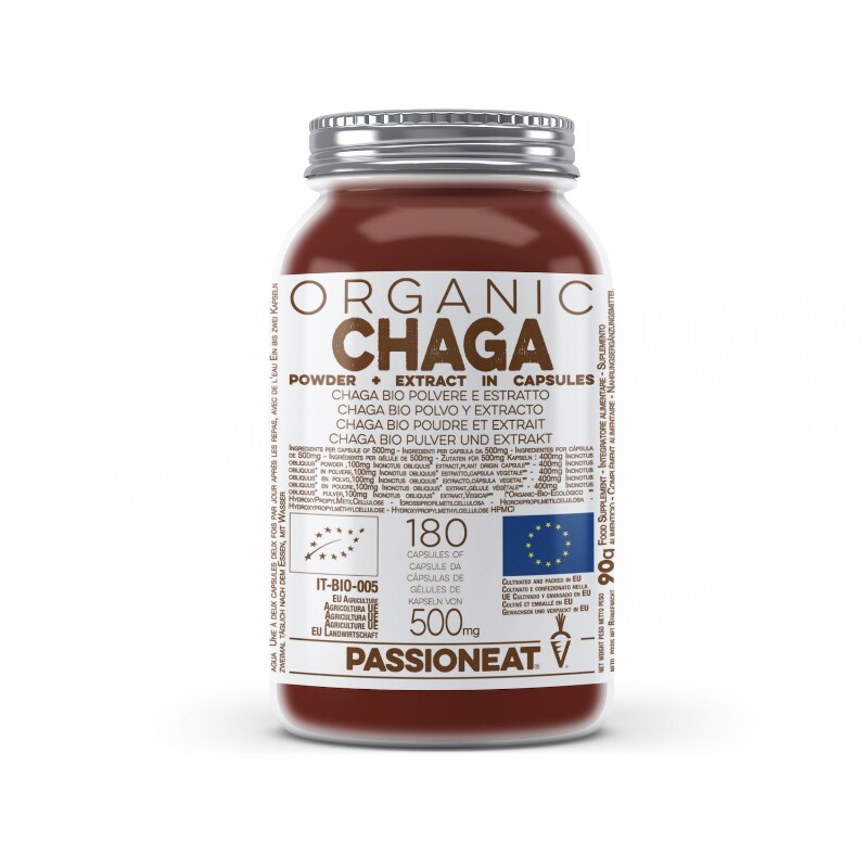 Chaga Inonotus Obliquus fungo Bio europeo - polvere e estratto - 180 capsule veg da 500mg